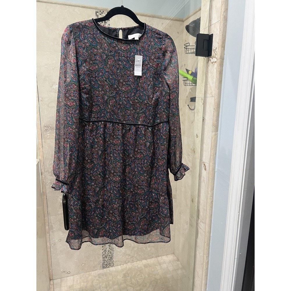LOFT NWT Shimmer Paisley Velvet Trim Swing Dress Fit Flare Multicolor Small